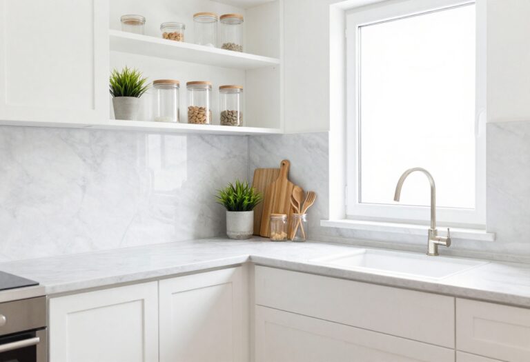 Small organized kitchen with open shelves, clear canisters, and natural light