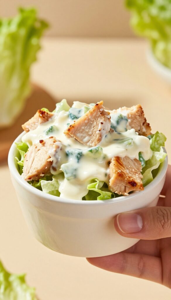 Close-up of a lettuce cup filled with Buffalo Barclay Chicken Salad, held in hand.