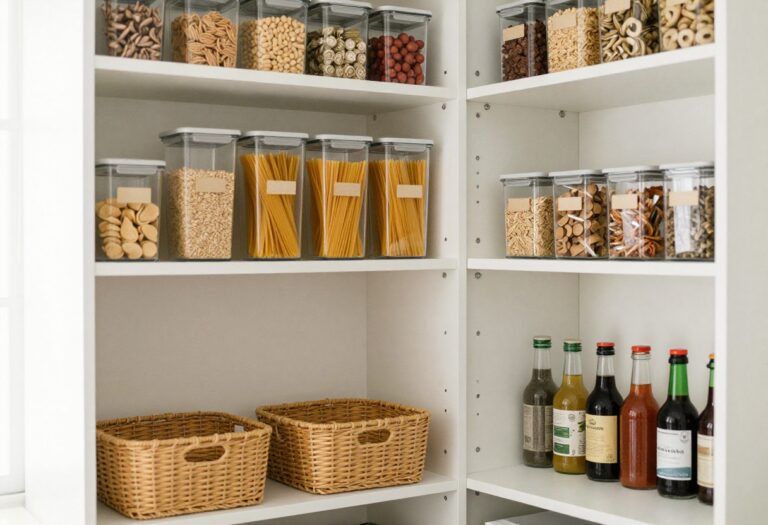 A neatly organized pantry with clear containers, labeled baskets, and a lazy Susan on a corner shelf.