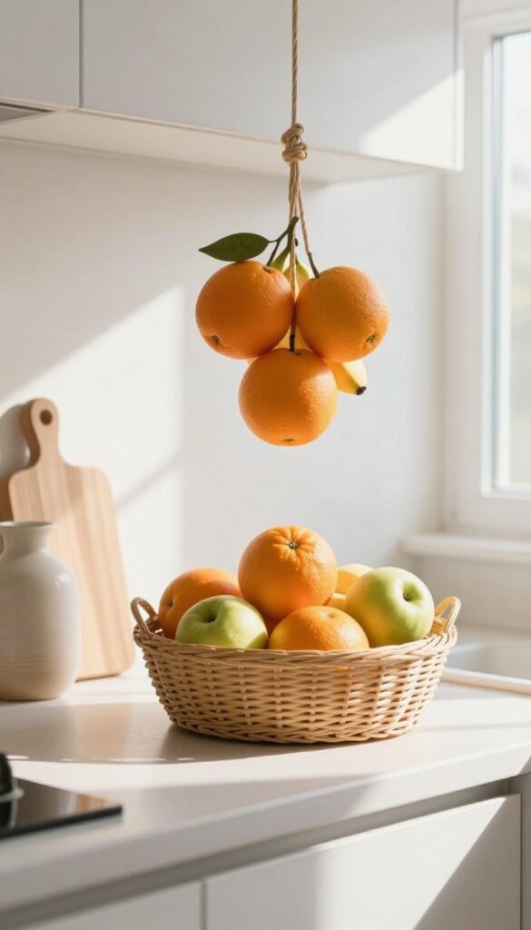 Hanging fruit basket in a bright kitchen with fresh fruit, natural light, and clean countertop.