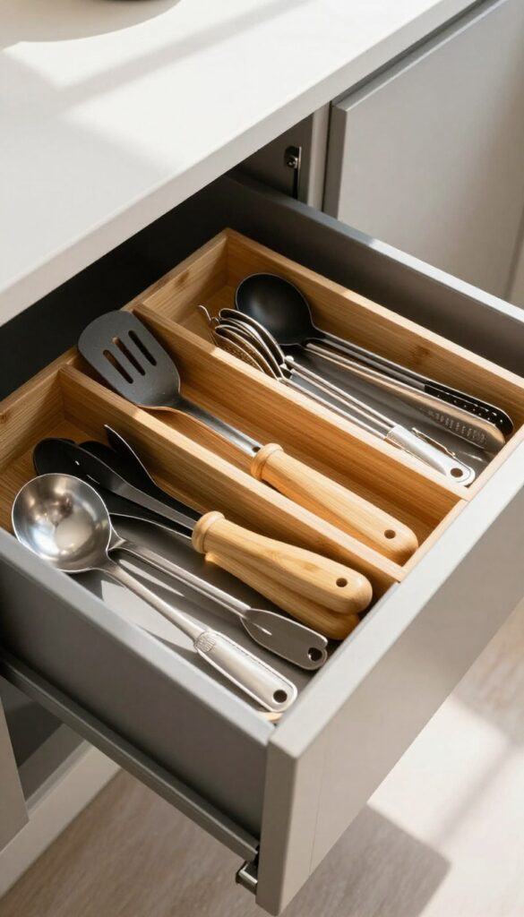 Organized kitchen drawer with bamboo dividers separating utensils and gadgets