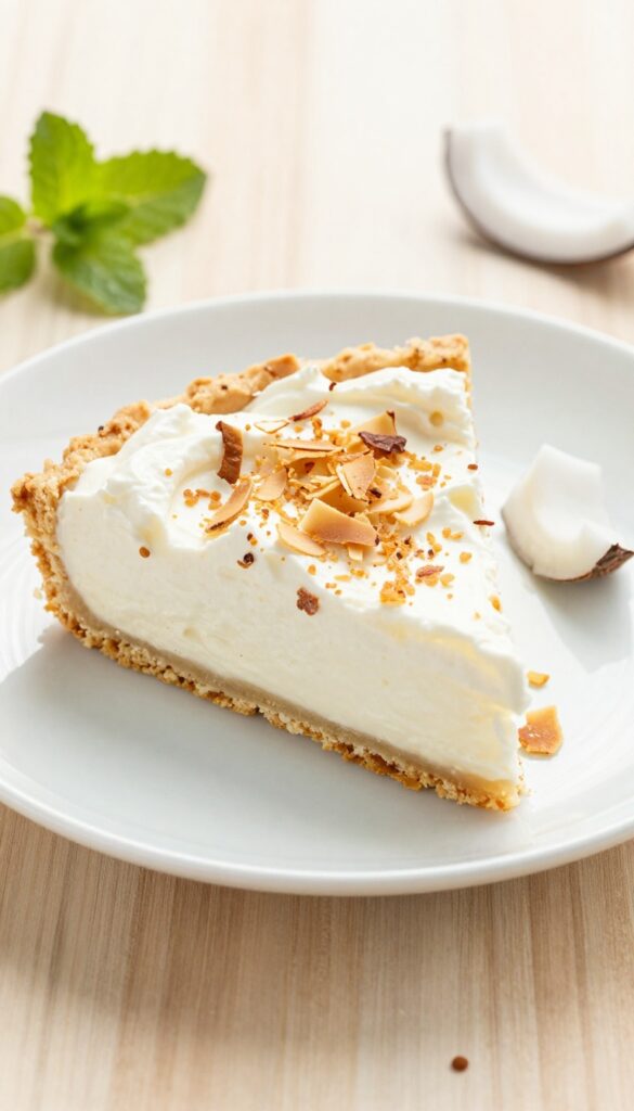 A slice of keto coconut cream pie with almond flour crust, creamy coconut filling, and whipped cream topping, garnished with toasted coconut and mint, on a white plate in natural light.