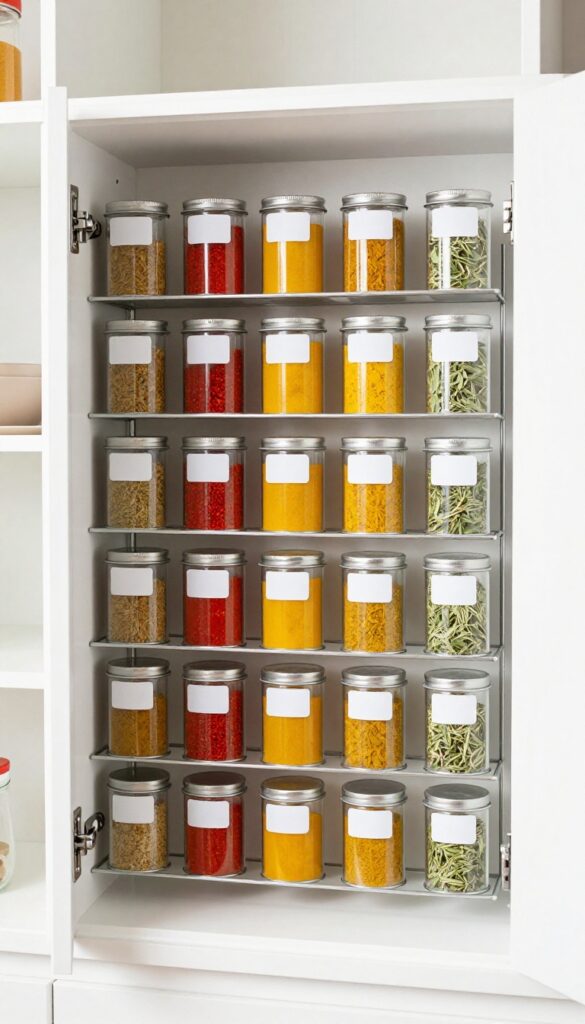Pantry door with metal sheet and magnetic spice tins arranged in a grid.