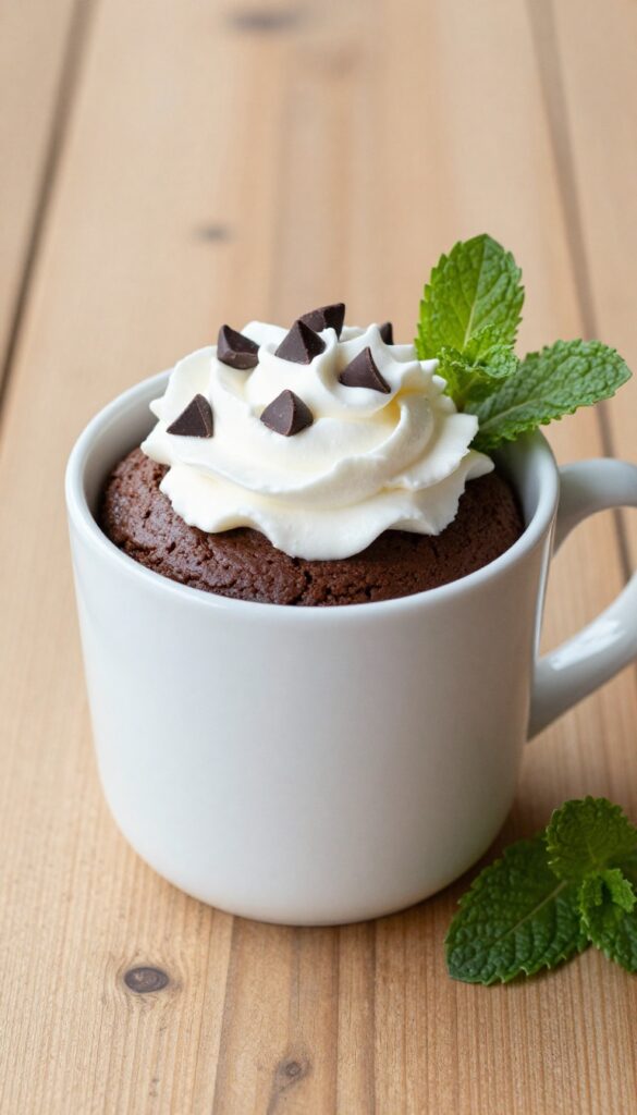 Chocolate mint keto mug cake with whipped cream and chocolate chips in a white mug on a wooden table