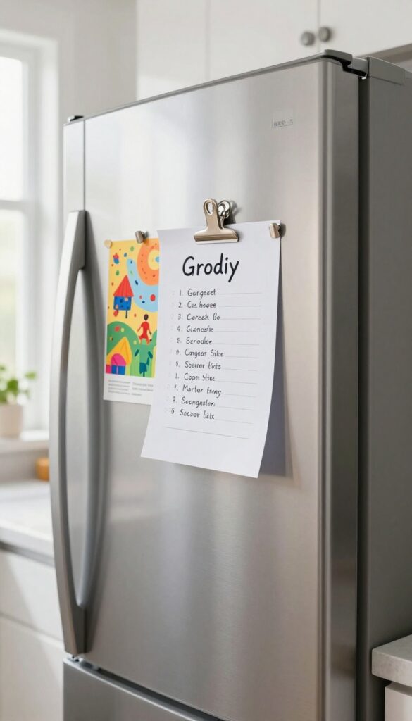 Magnetic clips on a fridge door holding notes and lists