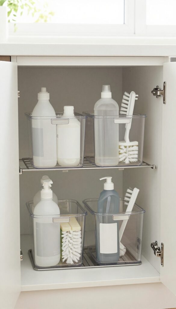 Open under-sink cabinet with clear caddies holding cleaning supplies, neatly organized and visible through transparent bins.