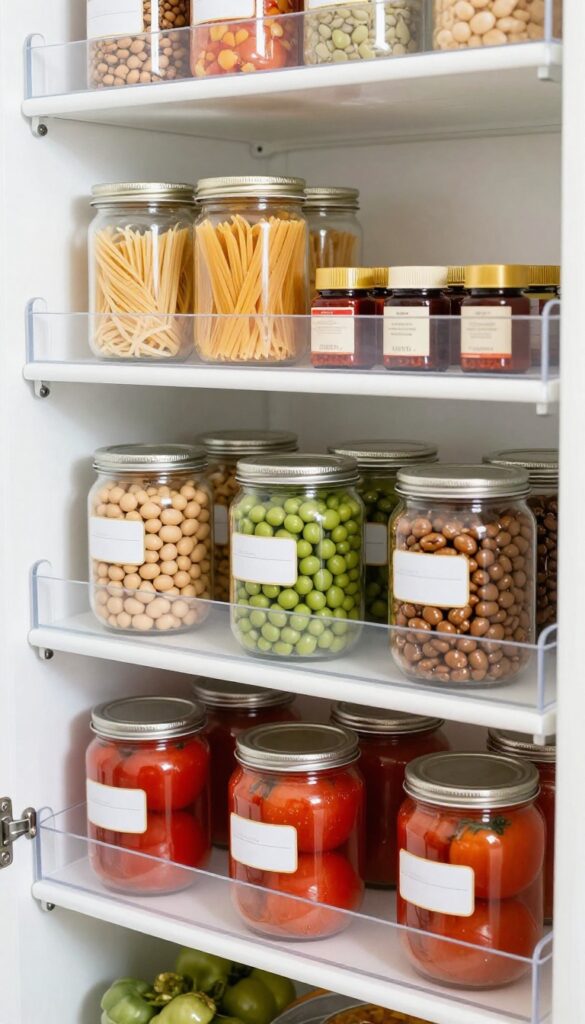Kitchen pantry shelf with tiered clear acrylic risers organizing canned goods and jars