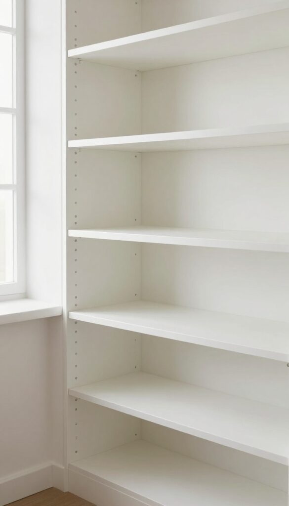 Empty pantry with clean white shelves and natural light