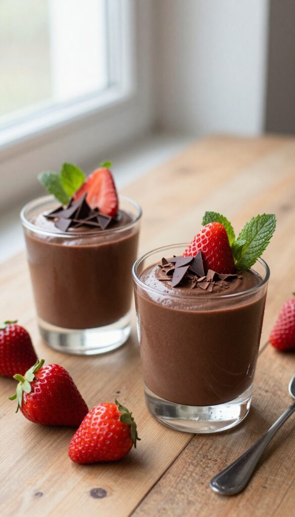 Keto strawberry chocolate mousse cups in clear glass cups with chocolate shavings and fresh strawberries on a wooden table