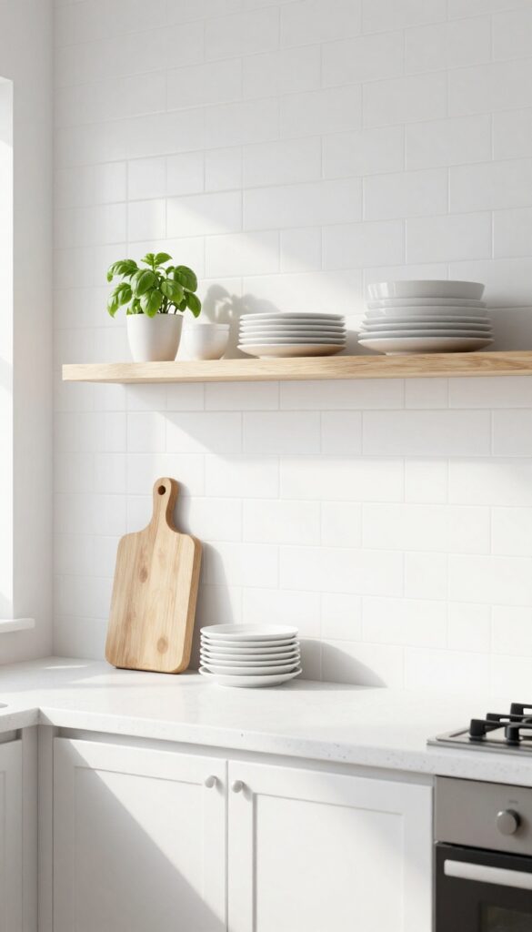 Open floating shelves in a bright kitchen with neatly stacked white dishes and a small plant