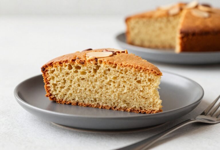 A slice of keto almond flour pound cake on a dark plate with a fork, golden brown and moist, with almond slices scattered around.