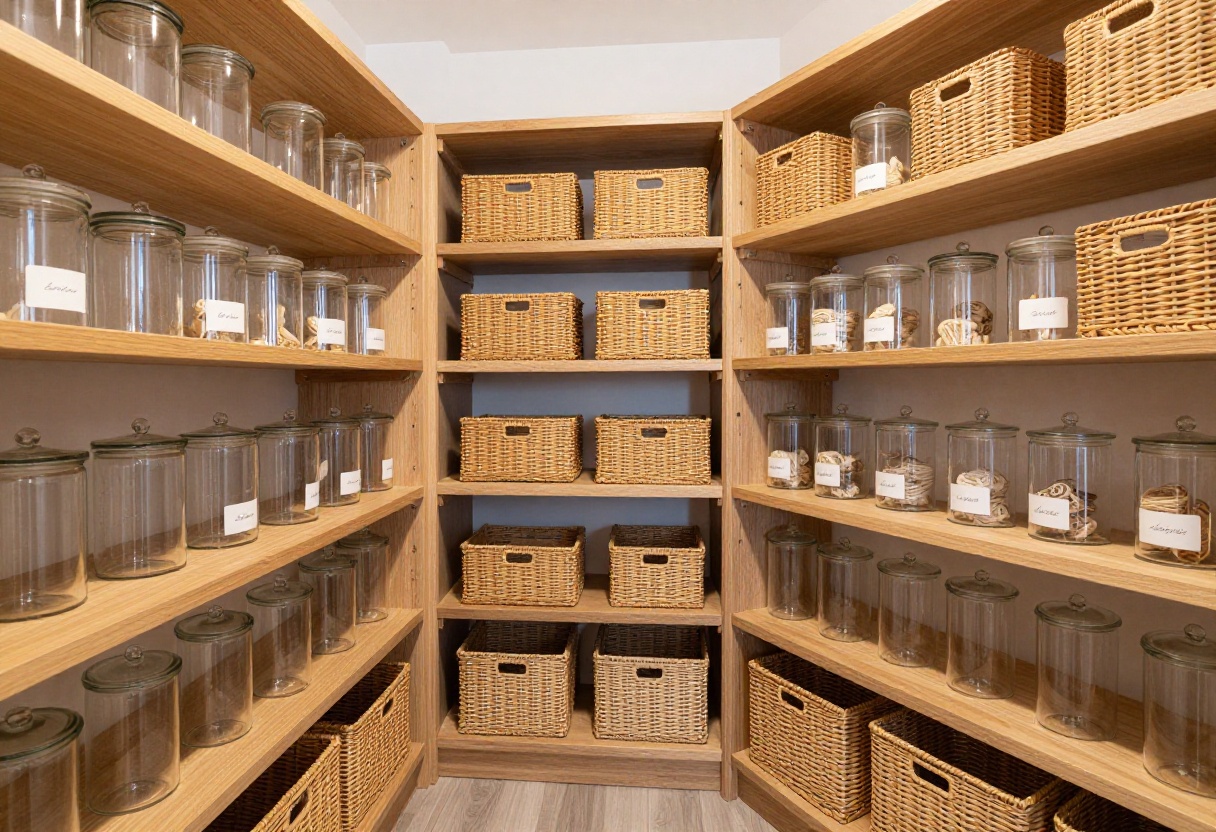 A beautifully organized deep pantry with clear bins, woven baskets, and warm lighting, showcasing modern and cozy storage solutions.