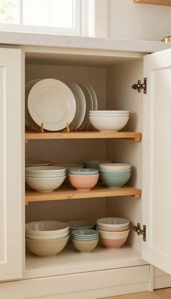 Open kitchen cabinet with adjustable shelf risers neatly organizing white plates on top and colorful bowls below, warm natural light, cozy and tidy.