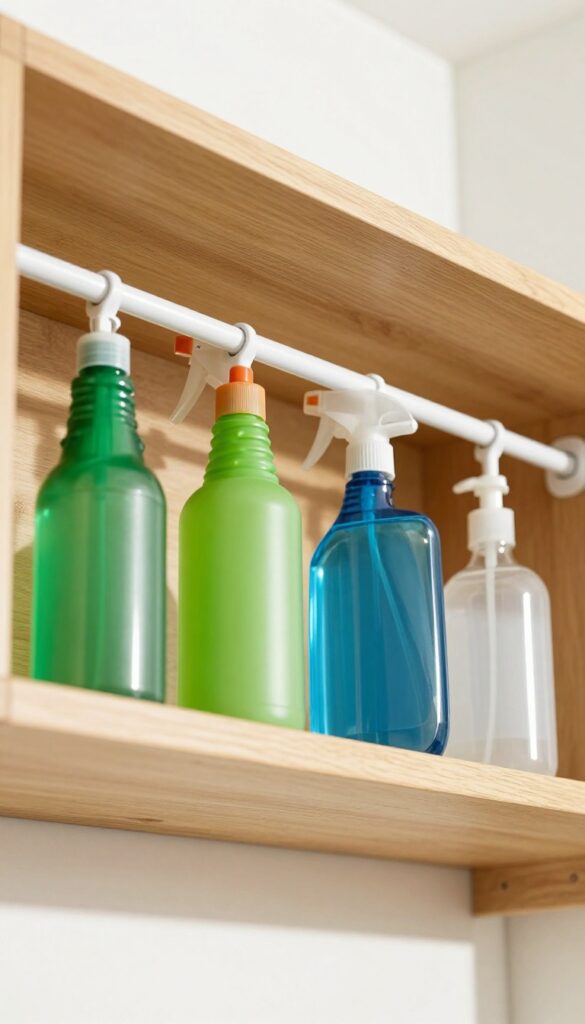 Spray bottles hanging upside down from a tension rod installed under a kitchen shelf, keeping them off the counter and organized.