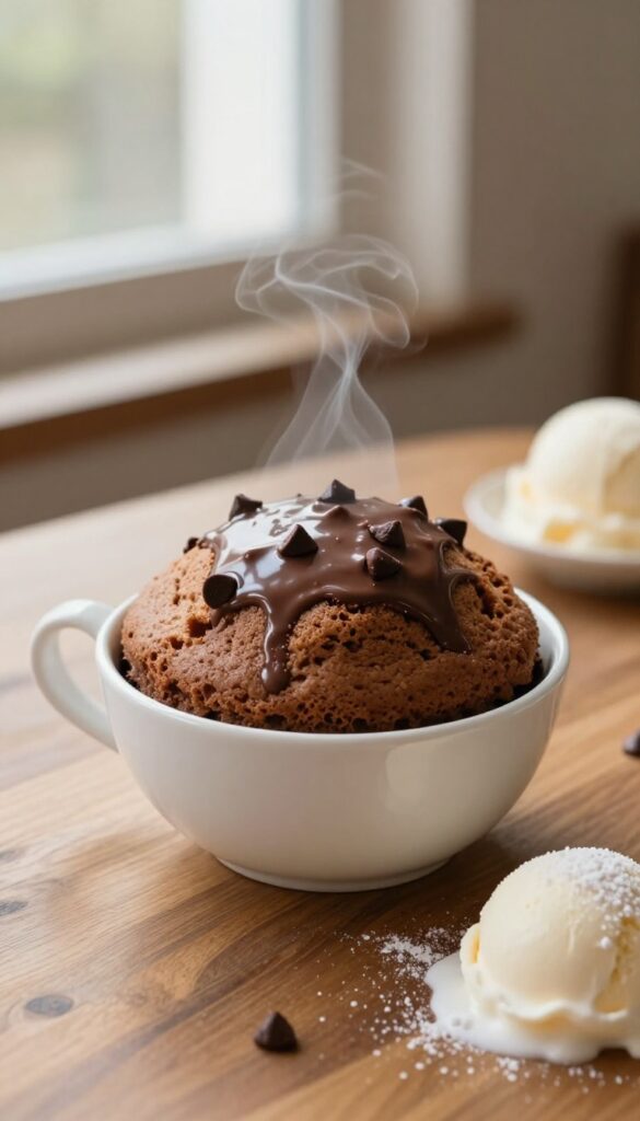 One-bowl gluten free chocolate mug cake in a mug with vanilla ice cream