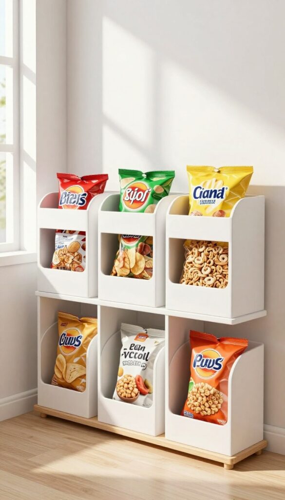 Three white magazine holders on a pantry shelf, each filled with upright snack bags, creating a tidy and organized storage solution.
