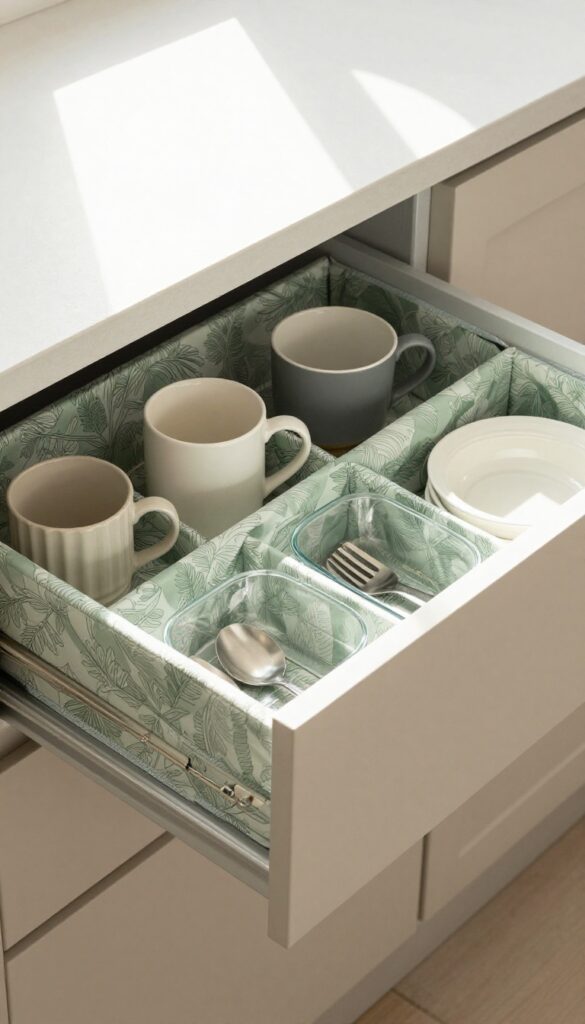 Open kitchen drawer with soft sage green patterned liner, neatly arranged ceramic mugs and glass bakeware, bright natural light, modern kitchen.