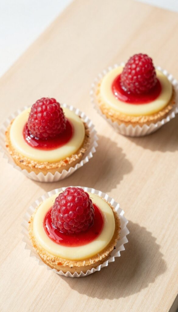 Lemon raspberry swirl mini cheesecakes in white liners on a wooden surface, garnished with fresh raspberries.