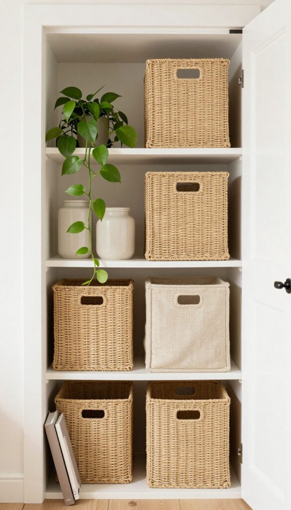 Open shelving with decorative bins in a calm kitchen pantry