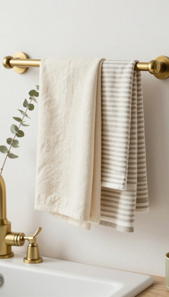 Layered cream and patterned towels on a brass towel bar near a kitchen sink with eucalyptus sprig, bright natural light.
