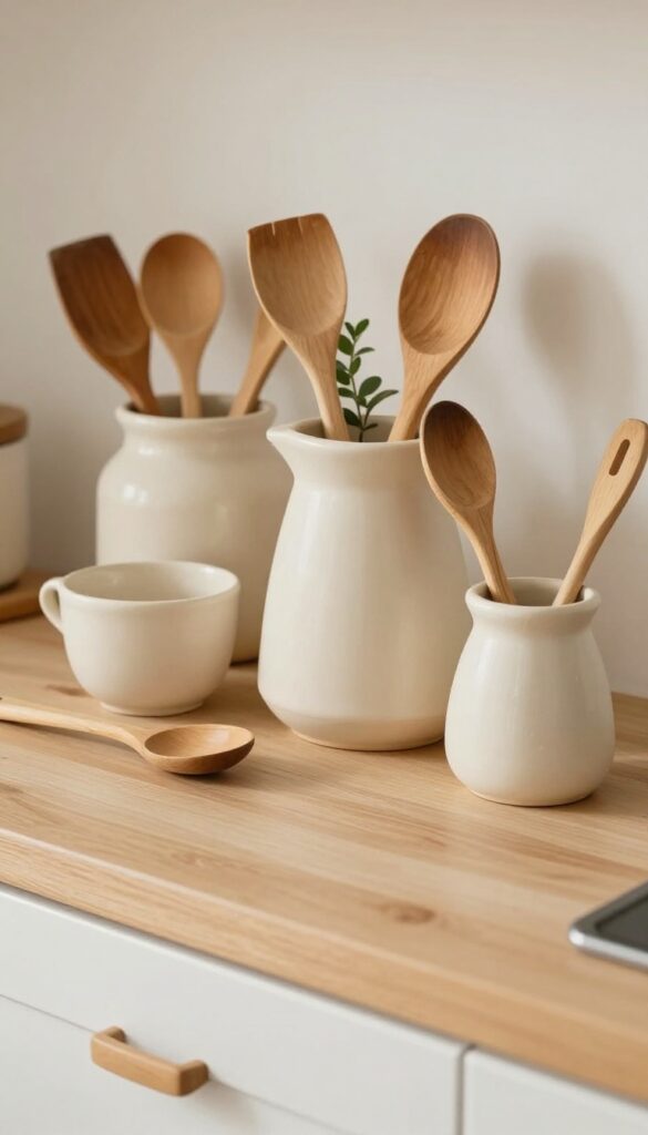A rustic stoneware crock filled with wooden kitchen utensils on a counter, with a small plant among the handles, in natural light.