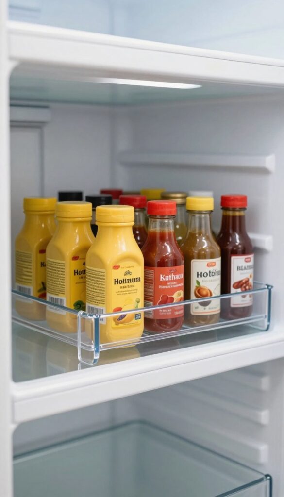 A tidy fridge shelf with a lazy Susan holding condiment bottles, organized and easy to reach.