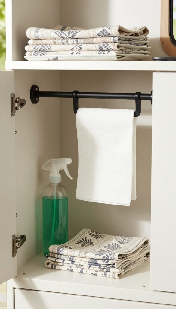 Camper kitchen cabinet with tension rod holding paper towels, spray bottle, and dish towel