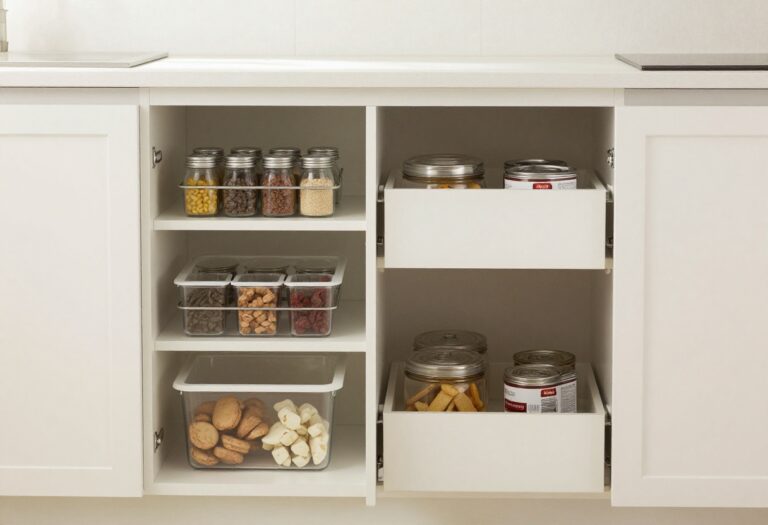 Organized pantry drawers with spice racks, snack bins, and canned goods in a bright kitchen