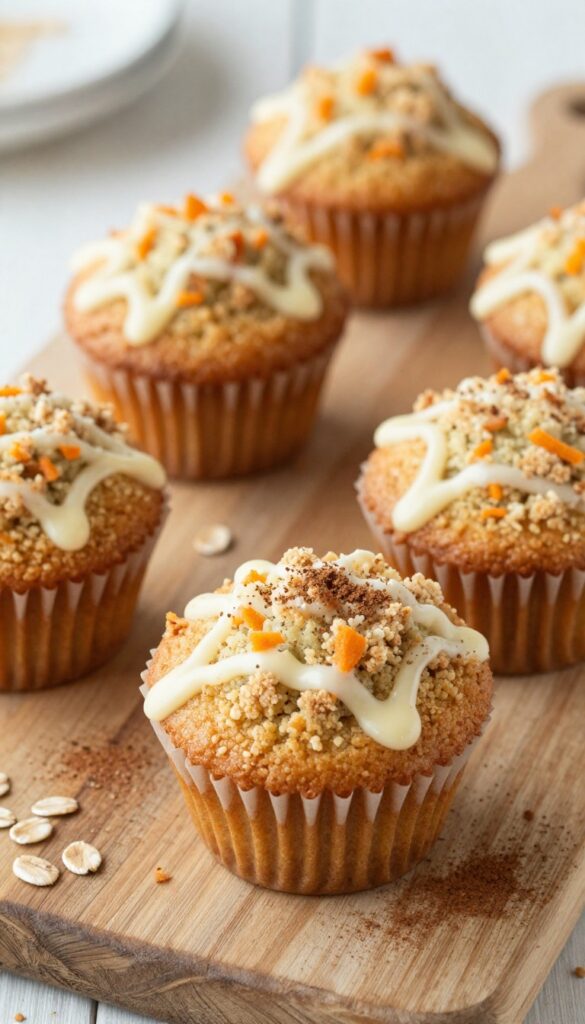 Gluten-free carrot cake muffins with streusel topping and cream cheese glaze on a wooden table