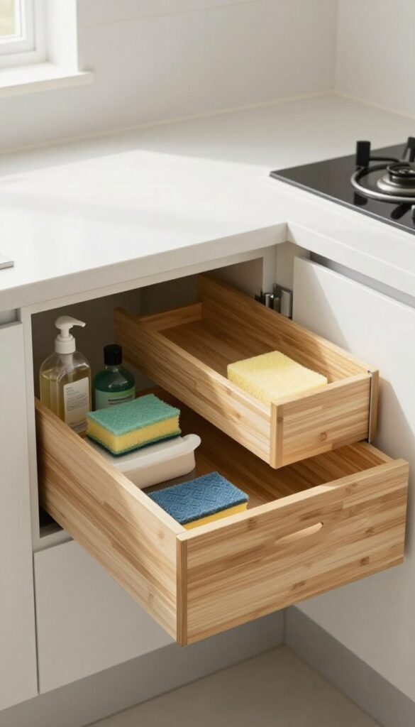 Slide-out drawers hugging pipes under kitchen sink
