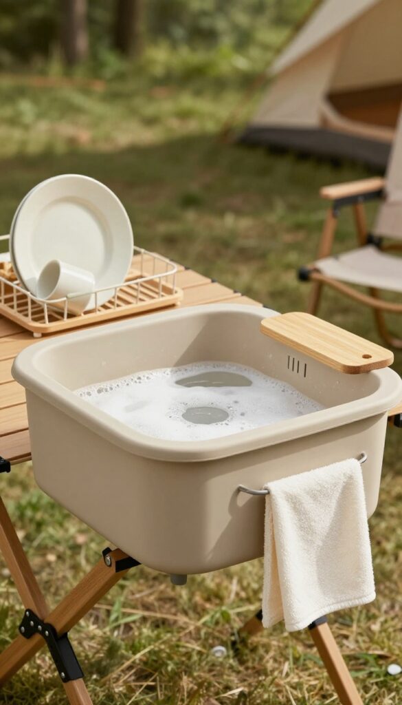 Collapsible silicone sink on a camping table with dishes, drying rack, and towel in a sunlit forest setting.