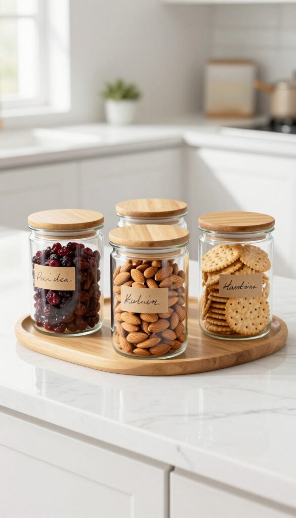A lazy Susan with labeled glass canisters filled with nuts, dried fruit, and crackers on a marble countertop.