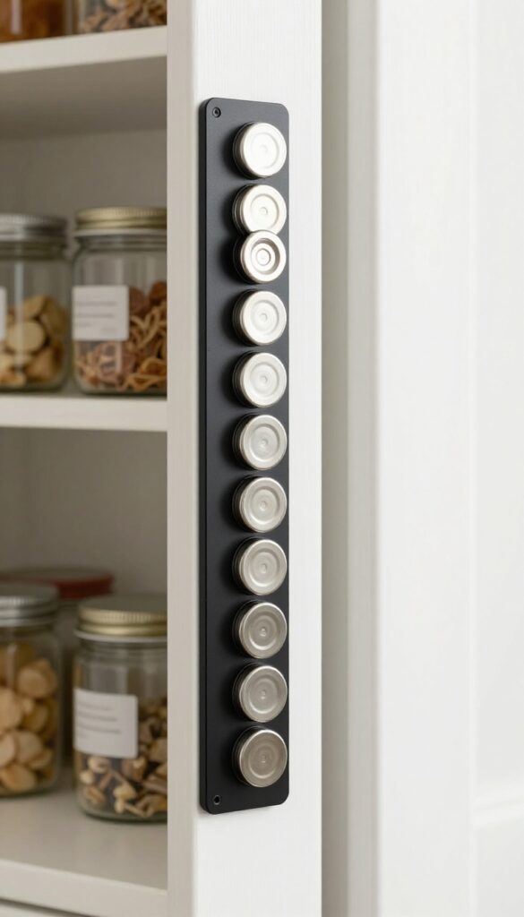 Magnetic strip on pantry door holding metal lids, with organized shelves in background.