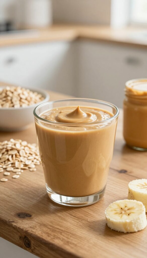 A creamy banana peanut butter oats smoothie in a glass on a wooden table with banana, peanut butter, and oats nearby in natural light.
