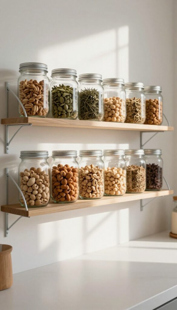 Mason jars hanging upside down from the underside of a wire shelf in a kitchen, filled with small pantry items.