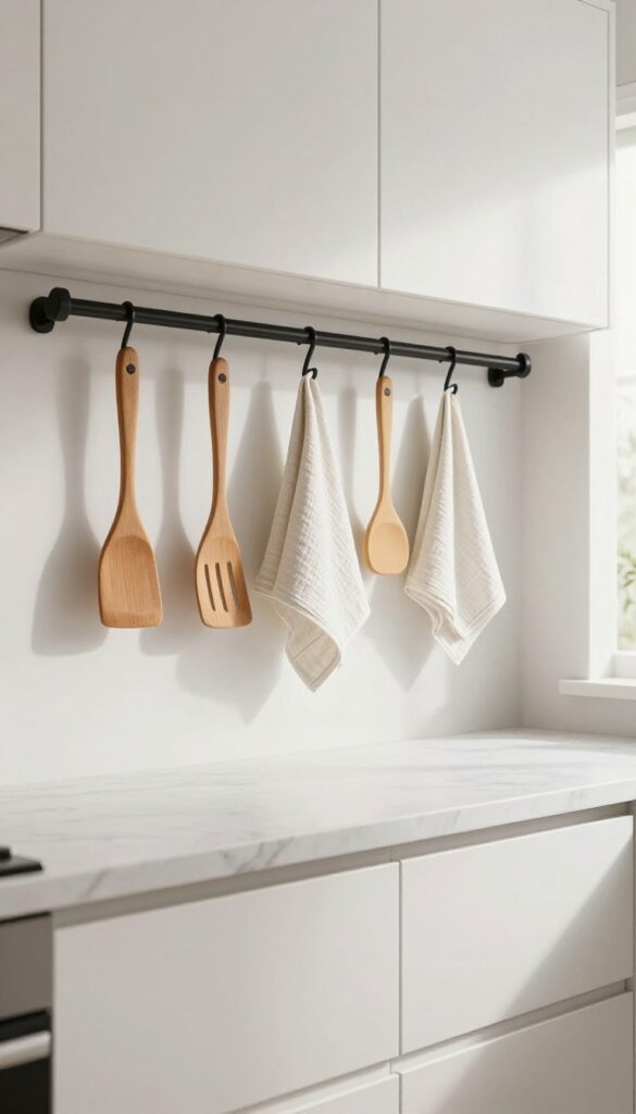 Under-cabinet metal rail holding utensils and a towel in a bright modern kitchen
