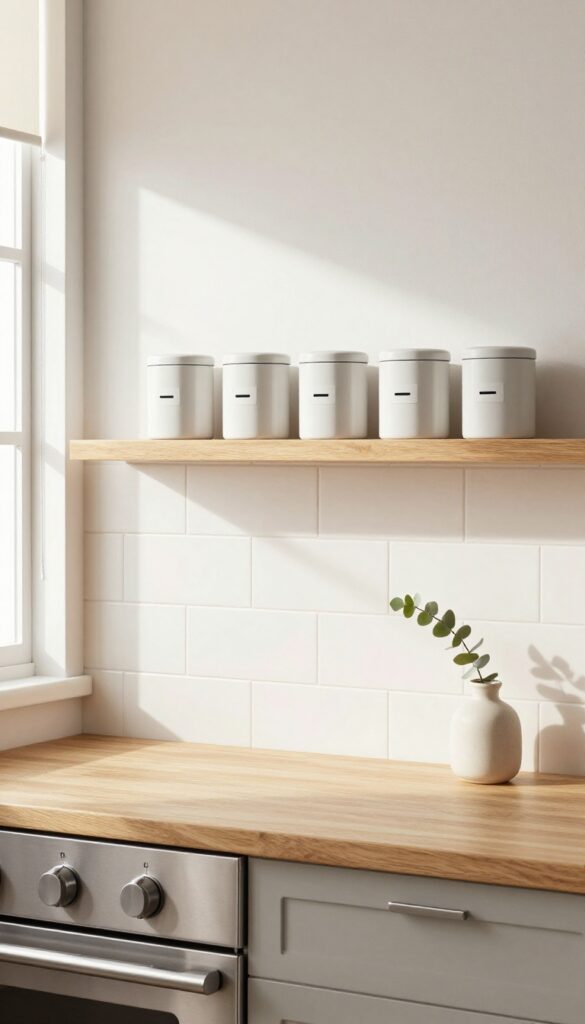 A slim wooden shelf mounted beside a stove holds matching white magnetic spice tins with black labels, with a vase of eucalyptus on the counter, in a bright kitchen with natural light.
