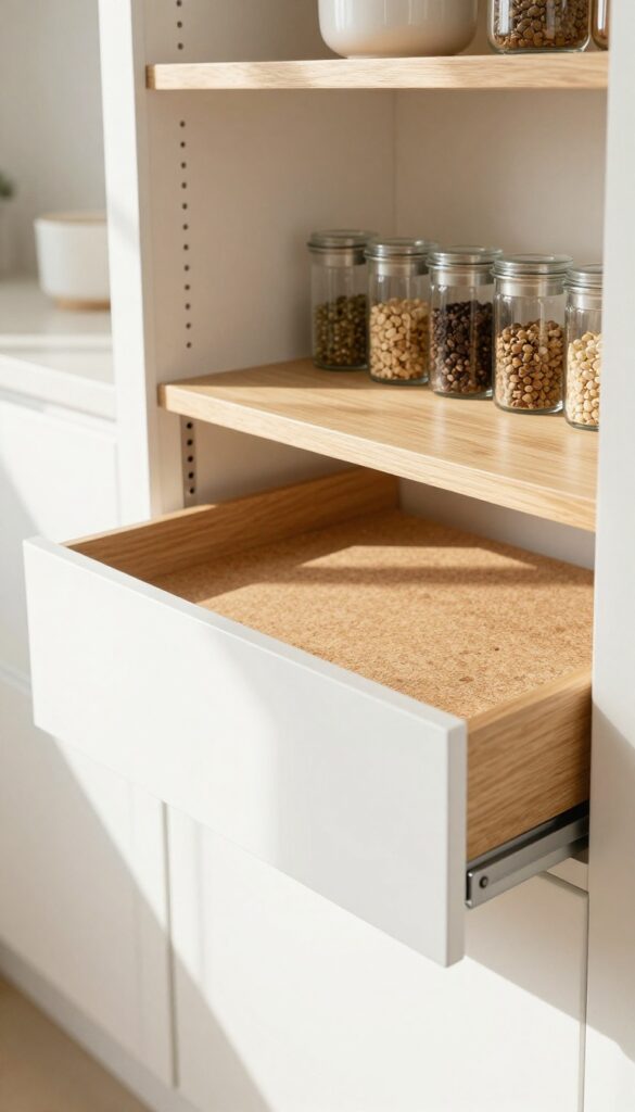 Slim pull-out drawer in pantry holding spice jars and small bottles, organized and visible at a glance.