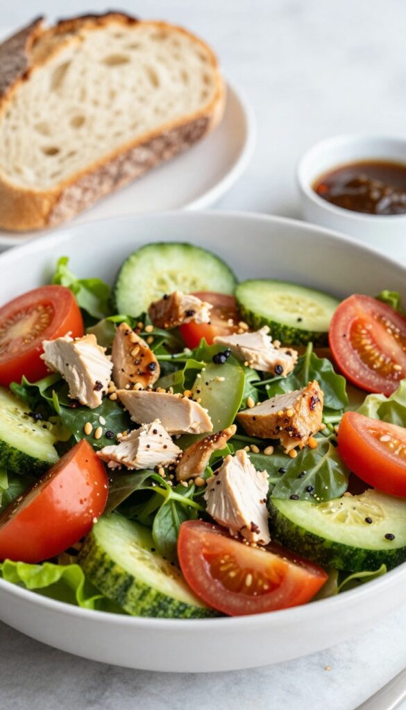 Chicken salad bowl with bread and extra dressing on the side