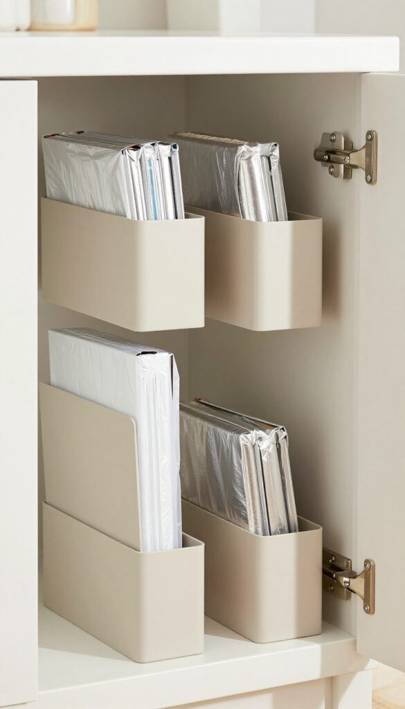 Magazine holders repurposed to organize foil and wrap boxes in a kitchen cabinet