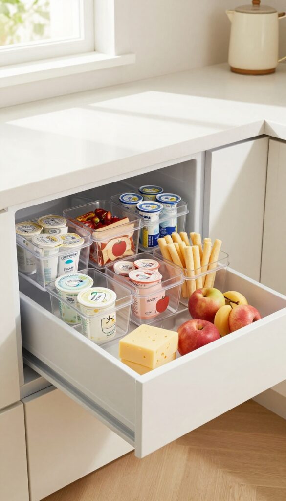 Open bottom drawer of a French door refrigerator filled with organized kids' snacks in clear labeled bins.