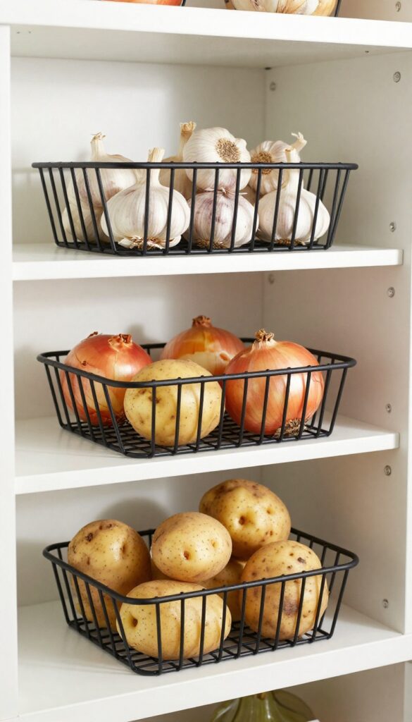 Stackable wire baskets on a pantry shelf holding potatoes, onions, and garlic.