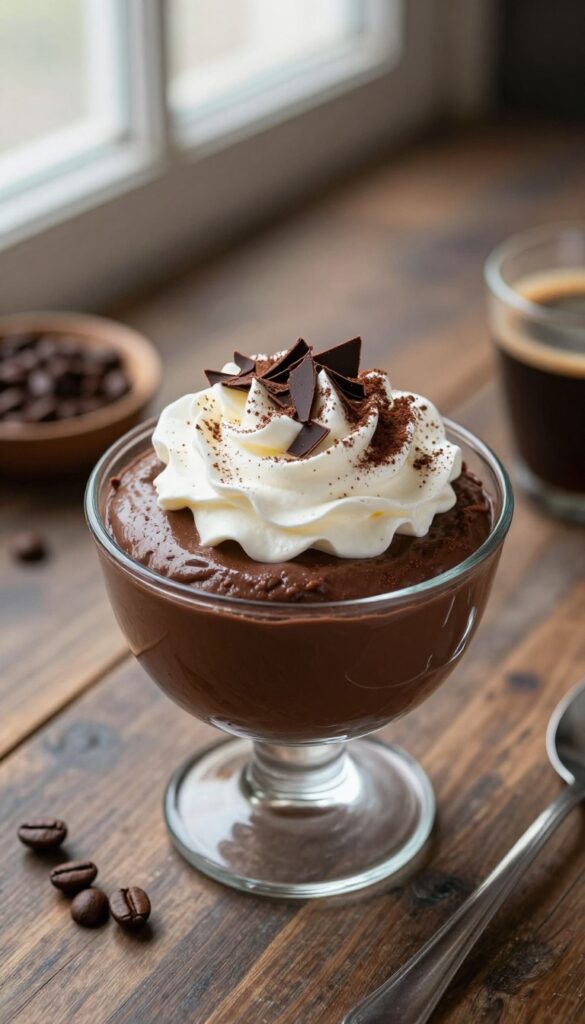 Mascarpone chocolate mousse with espresso in a glass bowl, topped with whipped cream and chocolate shavings, with espresso cup and coffee beans on wooden table.