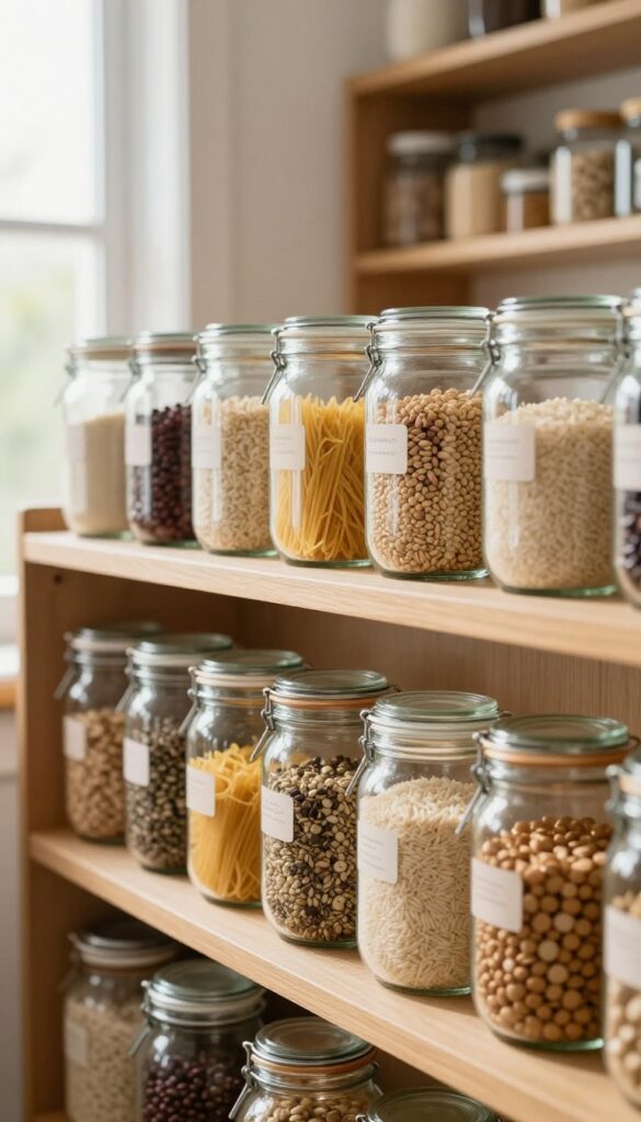 Repurposed glass jars filled with bulk dry goods neatly arranged on a pantry shelf in bright natural light.