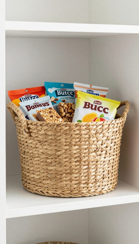 A woven bin filled with grab-and-go snacks on a pantry shelf, illuminated by natural light.