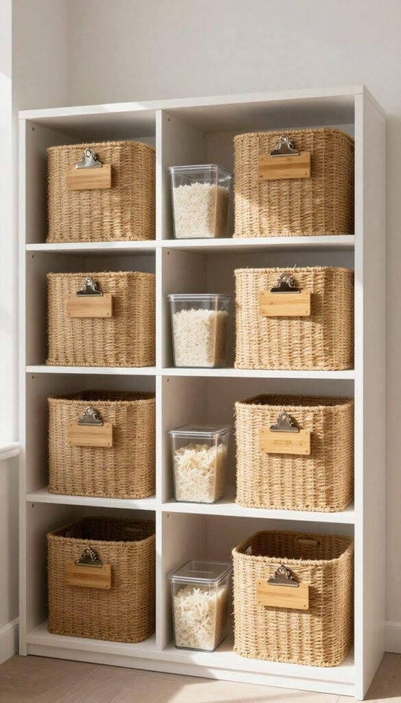 Pantry with woven baskets and clear bins featuring clip-on bamboo labels, organized and bathed in natural light.