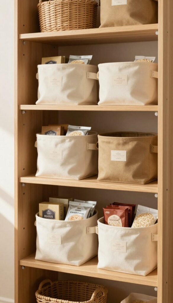 Canvas bins on pantry shelf with snack packs and tea boxes