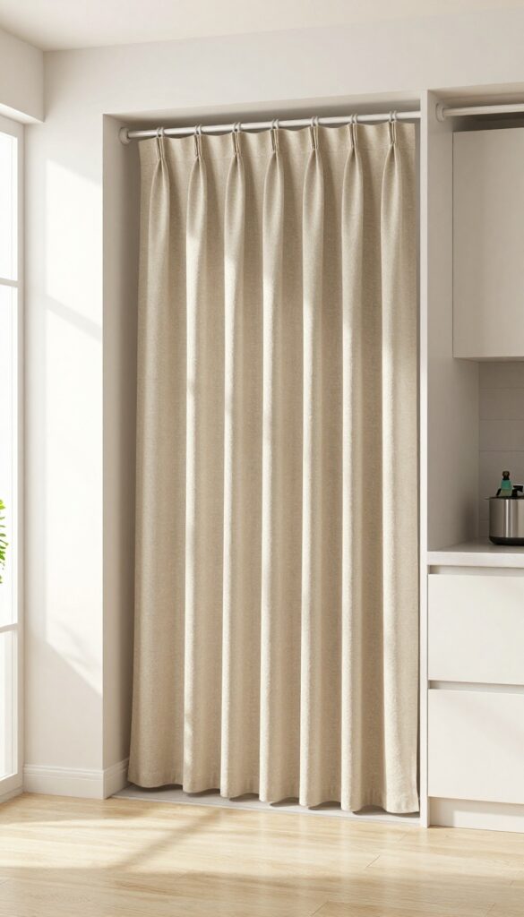 A kitchen closet with a beige linen curtain hanging from a tension rod, hiding clutter inside.