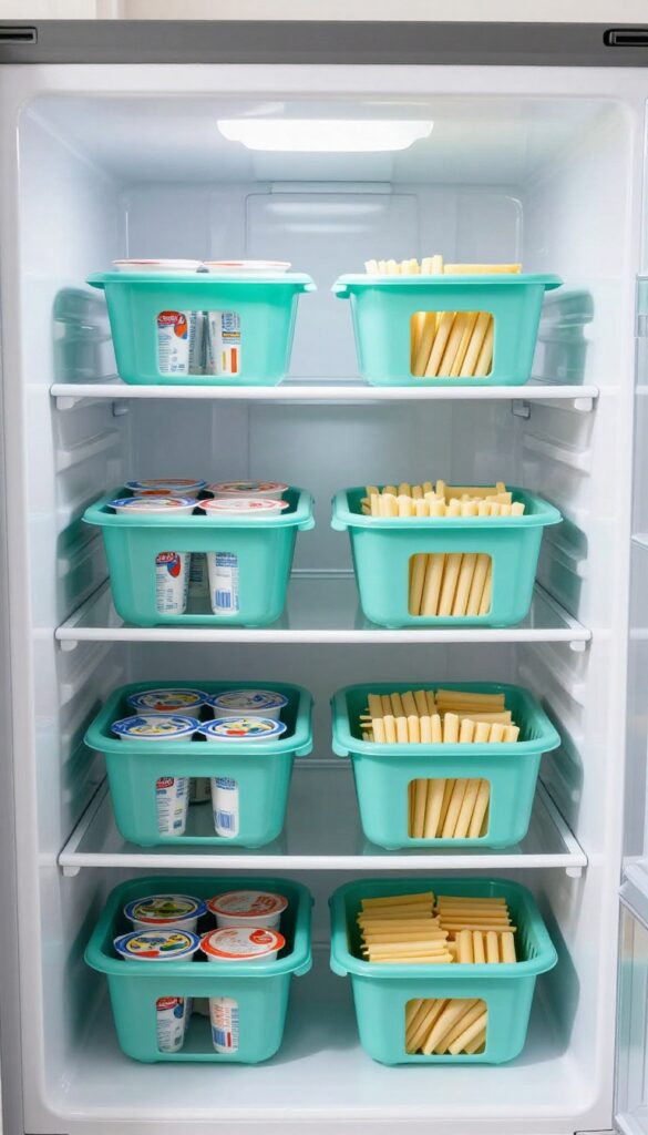 Small teal plastic baskets on a fridge shelf holding yogurt cups, pudding packs, and cheese sticks.