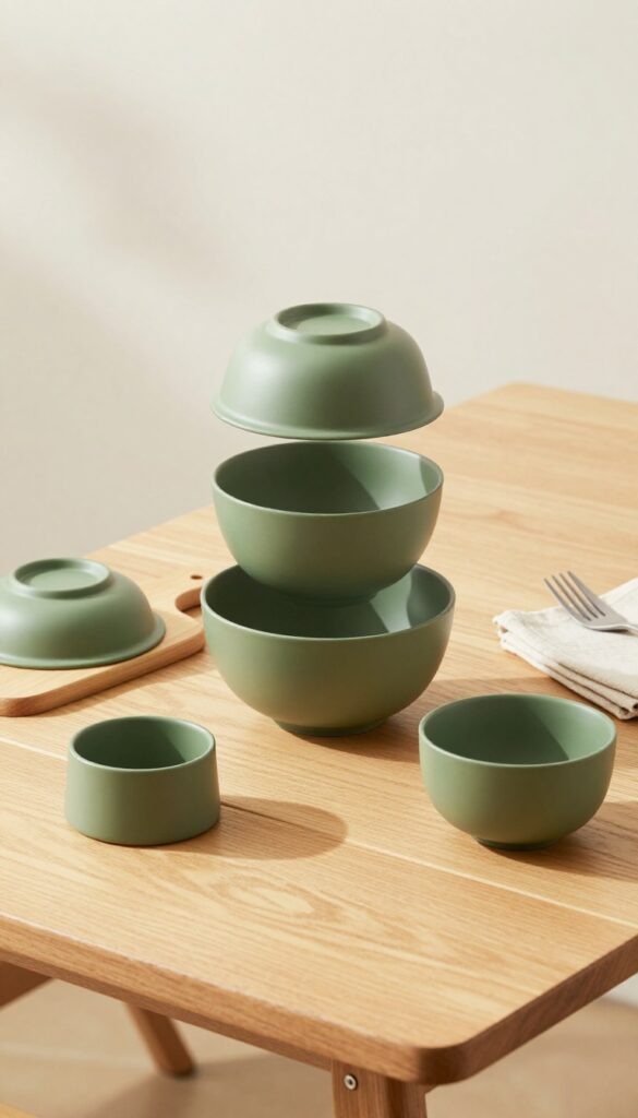 Stack of matte sage green locking cups and bowls on a wooden picnic table in a camping kitchen setup